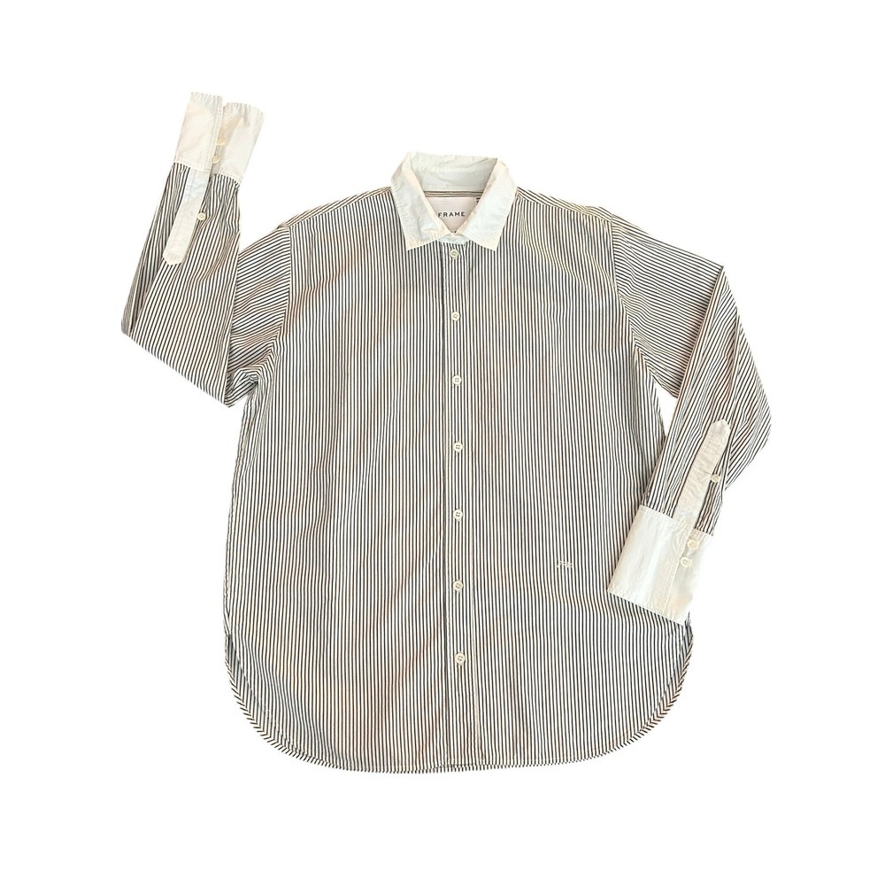 FRAME Organic Cotton Striped Button Down Shirt Contrast Collar XS Black (1276)